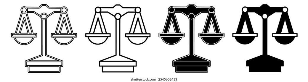 Black and white illustration of a scales of justice. Scales of justice icon collection with line. Stock vector illustration.