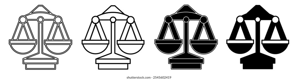Black and white illustration of a scales of justice. Scales of justice icon collection with line. Stock vector illustration.