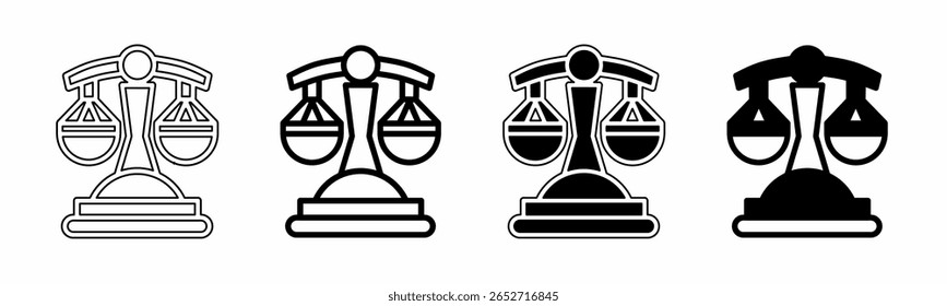 Ilustração em preto e branco de escalas de justiça. Escalas de coleção de ícones de justiça com linha. Ilustração do vetor de estoque.