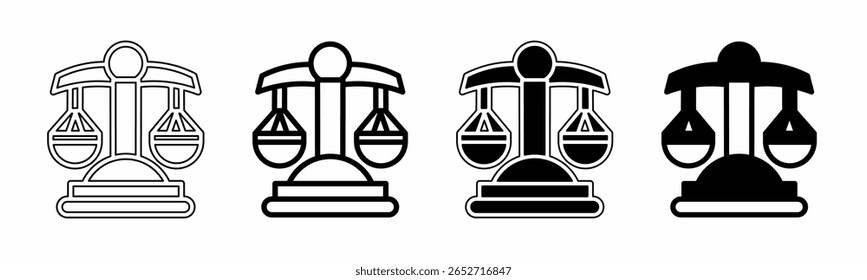 Ilustração em preto e branco de escalas de justiça. Escalas de coleção de ícones de justiça com linha. Ilustração do vetor de estoque.