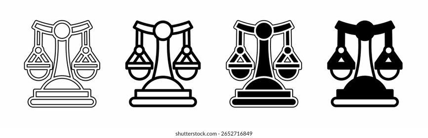 Ilustração em preto e branco de escalas de justiça. Escalas de coleção de ícones de justiça com linha. Ilustração do vetor de estoque.