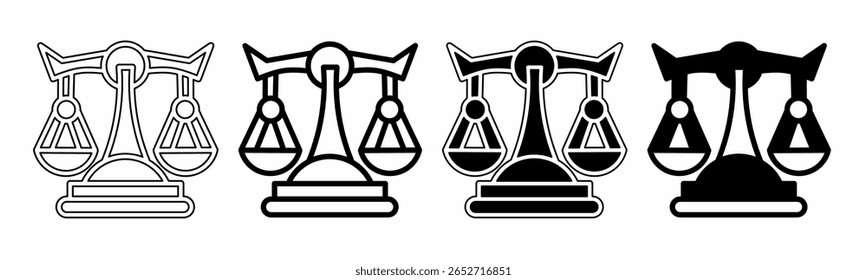 Ilustração em preto e branco de escalas de justiça. Escalas de coleção de ícones de justiça com linha. Ilustração do vetor de estoque.