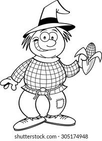 Black and white illustration of a scarecrow holding an ear of corn