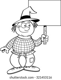 Black and white illustration of a scarecrow holding a sign.