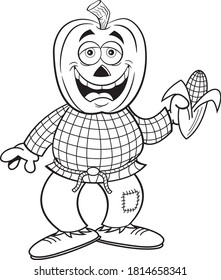 Black and white illustration of a scarecrow with a pumpkin for a head holding an ear of corn.