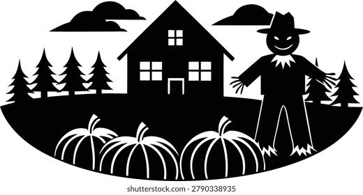 Black and white illustration of a scarecrow standing next to a house with pumpkins and trees in a rural setting