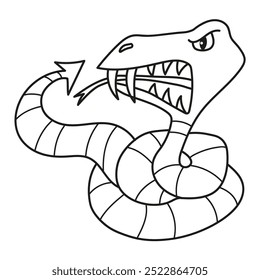 Ilustración en blanco y negro de una serpiente venenosa en espiral enojada que muestra sus colmillos, Halloween, página para colorear