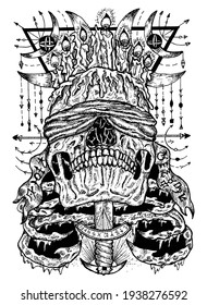 Black and white illustration with scary blind skull stabbed with the sword, sacred geometry patterns around. Mystic background for Halloween, esoteric, gothic, heavy metal or occult concept