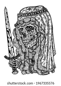 Black and white illustration of scary bride skull in veil holding sword.  Mystic background for Halloween, esoteric, gothic, heavy metal or occult concept, tattoo sketch