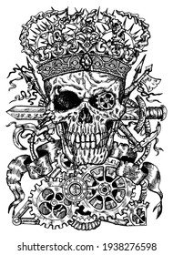 Black and white illustration of scary skull wearing crown, with sword, banner and steampunk wheel and cogs. Mystic background for Halloween, esoteric, gothic, heavy metal or occult concept