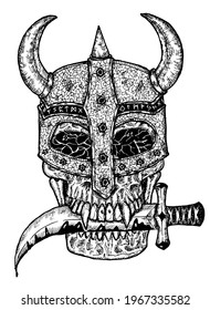 Black and white illustration of scary skull in knight helm holding dagger knife in teeth isolated on white. Mystic background for Halloween, esoteric, gothic, occult concept, tattoo sketch