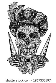 Black and white illustration of scary skull portrait wearing medieval cap and holding dagger knives isolated on white. Mystic background for Halloween, esoteric, gothic, occult concept, tattoo sketch