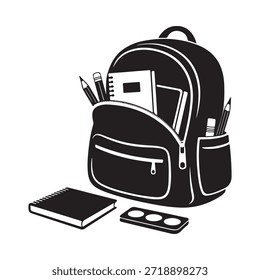 Una ilustración en blanco y negro de una mochila escolar con suministros