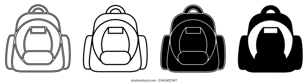 Ilustração em preto e branco de uma bolsa de estudo. Coleção de ícones de bolsa de escola com linha. Ilustração do vetor de estoque.