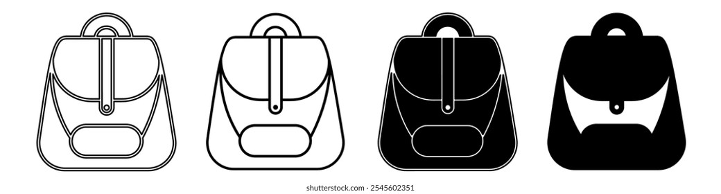 Ilustração em preto e branco de uma bolsa de estudo. Coleção de ícones de bolsa de escola com linha. Ilustração do vetor de estoque.