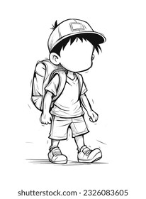 Black and white illustration of a school boy with bagpack