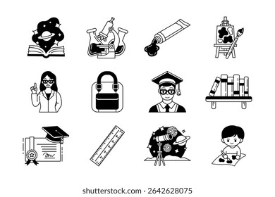 black and white illustration of school icons collection