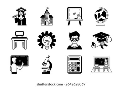 black and white illustration of school items collection