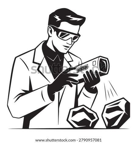 Black and white illustration of a scientist in a lab coat analyzing fingerprints using a handheld scanner device.