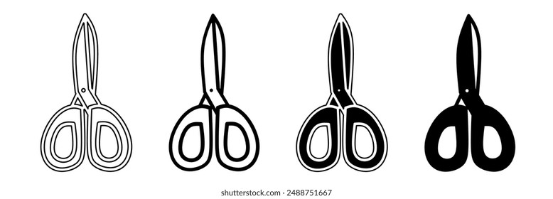 Ilustración en blanco y negro de una tijera. Icono de tijera colección con línea. Ilustración vectorial estándar.