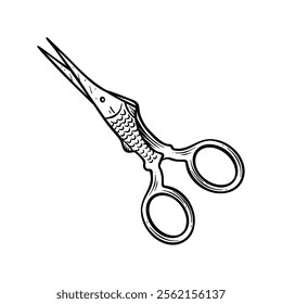 black and white illustration of scissors in the shape of a fish