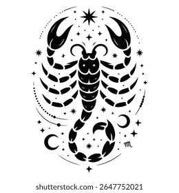 A black and white illustration of a scorpion surrounded by stars and moons. It is a zodiac sign with a celestial and mystical feel. The design is elegant.