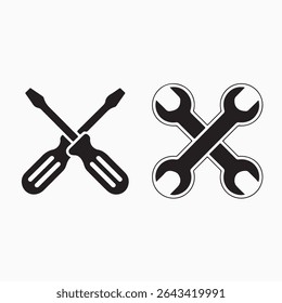 Black and white illustration of screwdrivers and wrenches crossed over on a white background
