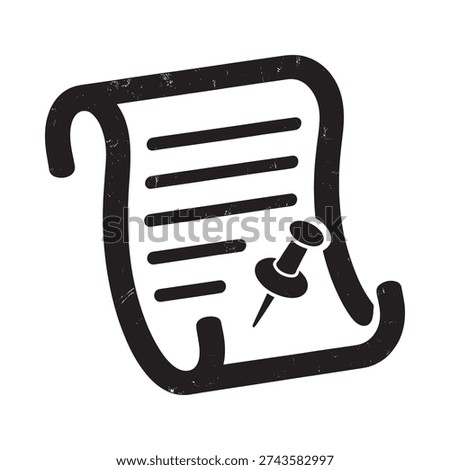 Black and white illustration of a scroll with a pin attached