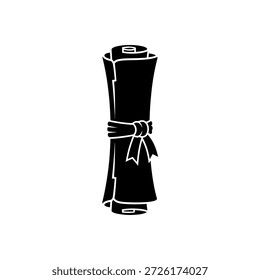Una ilustración en blanco y negro de un pergamino, enrollado y atado con una cinta en un lazo, que simboliza documentos o decretos antiguos.