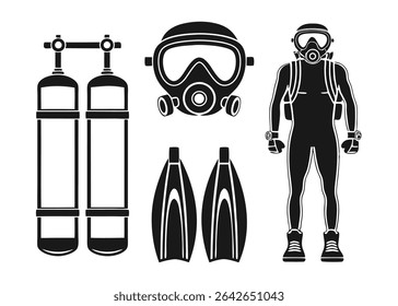 Black and white illustration of scuba diving equipment and a diver ready for underwater exploration