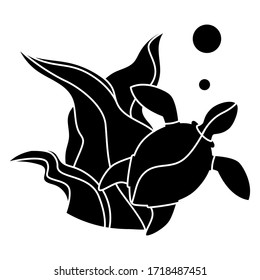 black and white illustration with sea turtle swimming among seaweed.