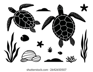 Black and white illustration of sea turtles swimming with other marine life elements