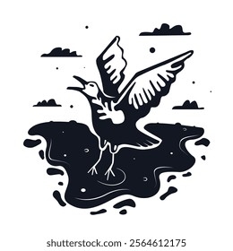 Black and white illustration of a seabird trying to fly out of a puddle of oil. A symbol of ocean pollution, environmental disaster, damage to wildlife.