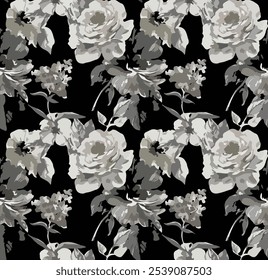 Black and white illustration of seamless pattern of tender roses with leaves black background.