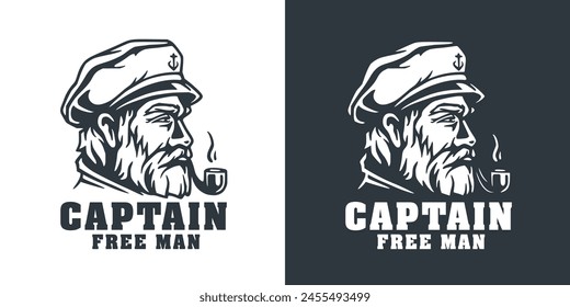 Black and white illustration of a seasoned sailor, featuring a captain with a sailor hat and pipe for nautical themes, branding, and maritime-related designs.