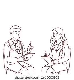 Black and white illustration of seated male and female doctors consulting each other with clipboards. Professional medical teamwork and collaboration, copy space