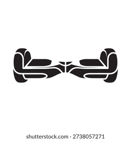 A black and white illustration of a self balancing scooter viewed from above