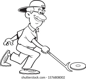 Black and white illustration of a senior citizen playing shuffleboard.