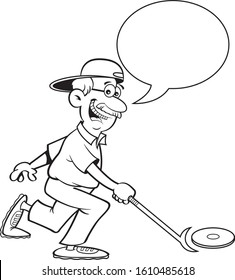 Black and white illustration of a senior citizen playing shuffleboard with a caption balloon.