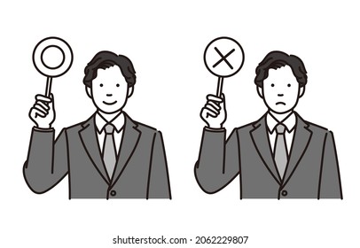 A black and white illustration set of a businessman holding up a correct or incorrect answer tag.It is vector data that is easy to edit.