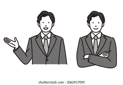 black and white illustration set of a businessman explaining or smiling and crossing his arms.Vector data for easy editing.