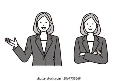 black and white illustration set of a businesswoman explaining or smiling and crossing his arms.Vector data for easy editing.