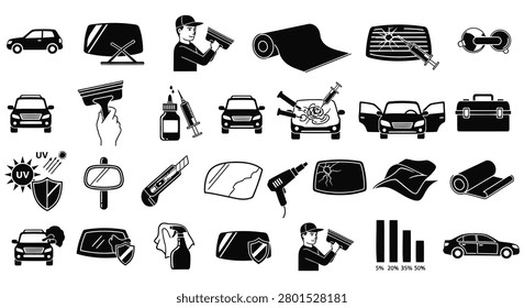 Black and white illustration set of car window tinting and protection film application tools and accessories