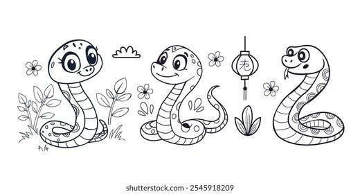 Black and white illustration set of cute Smiling cartoon style snake characters in different poses serpent for coloring page