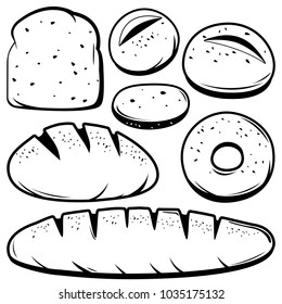 Black and white illustration set of different kinds of bread.