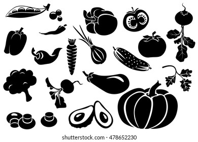 Black and white illustration. Set of different fresh vegetables.