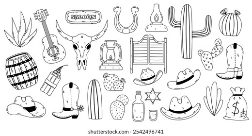 Black and white illustration set featuring Western themed icons, including cacti, cowboy hats, boots, a saloon sign, and other classic symbols. Perfect for vintage designs, Western themes, and