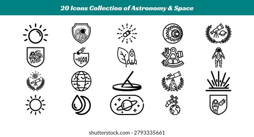 Black and white illustration set featuring various astronomy and space exploration symbols and motifs