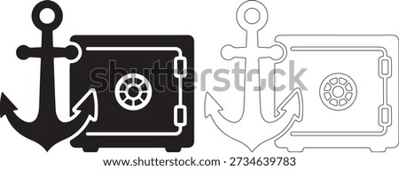 A black and white illustration set featuring an anchor and safe in solid black and a dotted line silhouette of an anchor and safe, on a white background