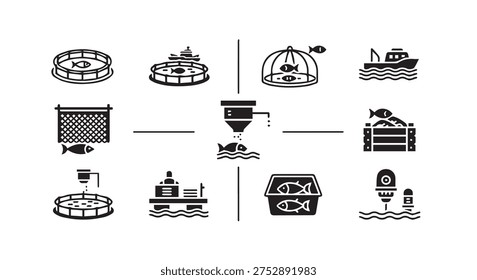 Black and white illustration set of fish farming and aquaculture process steps.